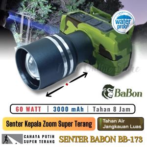 Senter Kepala Zoom Babon 60 Watt BB-173 Cahaya Putih Dan Kuning / Senter Kepala Led Zoom BaBon BB-173 Zoom / Senter Kepala 60W Headlamp Led Zoom Super Terang