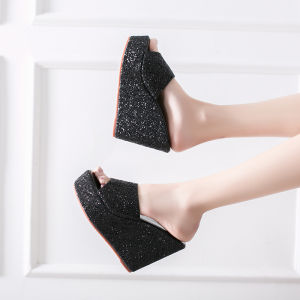 MANXIXI Brand Korean Version Wedge Sandals Shining Slippers High Heels 4.53 Inches Shoes For Women (34-39 Size)