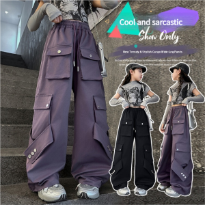 NEW Cargo Pants For Kids Girls 6-15YRS Korean Wide Leg Pants 4 Pockets Design Baggy Loose Pants Korean Casual Street Style Outfit Trousers