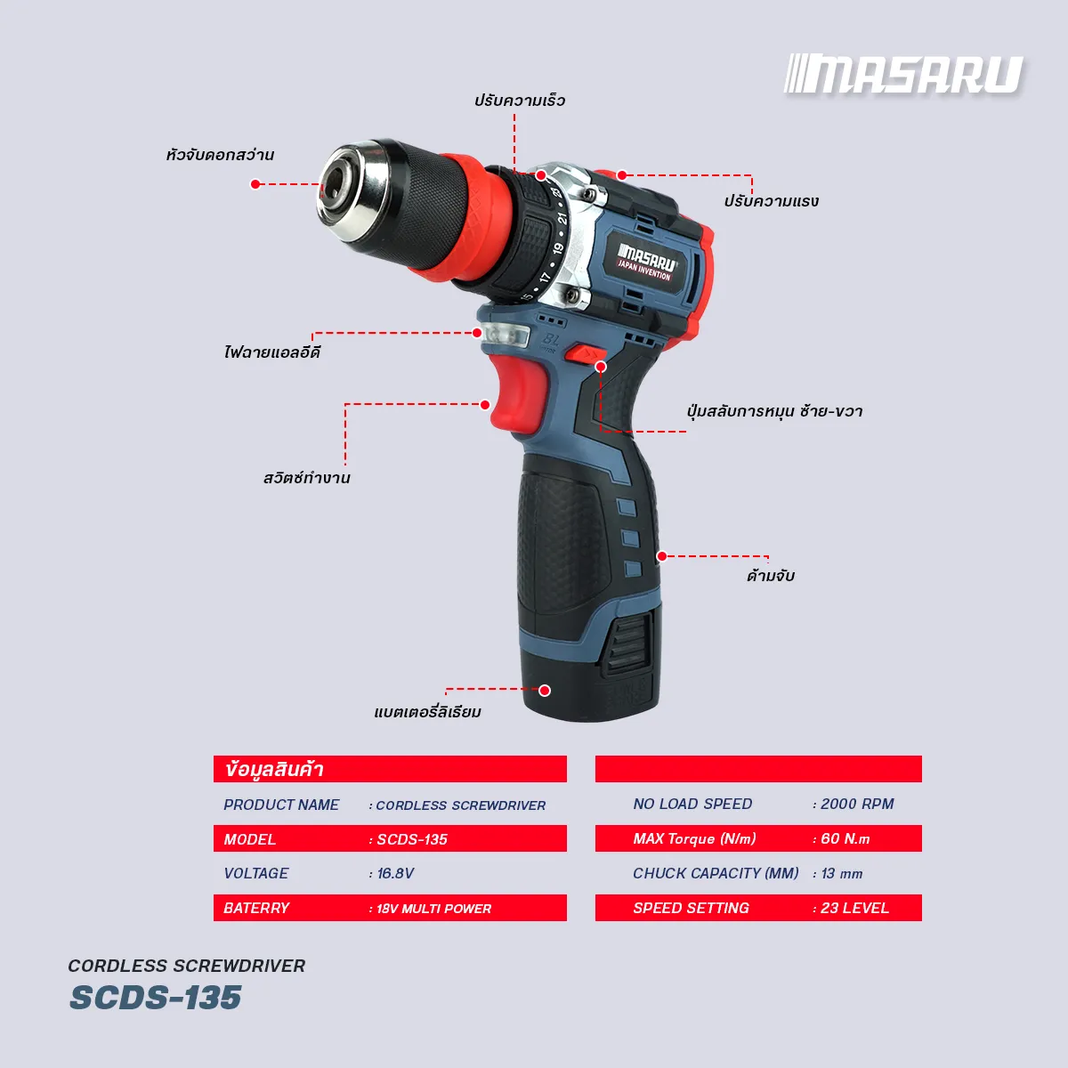 MASARU รุ่น SCDS-135 แรงบิด 60 N.m สว่านไขควงไร้สาย รุ่น SCDS-135 18V 2 ระบบ มอเตอร์ Brushless สว่านไร้สาย งานเจาะ งานสกรู