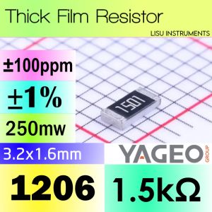 30 Buah - 1.5kΩ 1206 ±1% SMD Thick Resistor 1501 1.5K 1K5 RC1206FR-071K5L YAGEO - 30 Buah