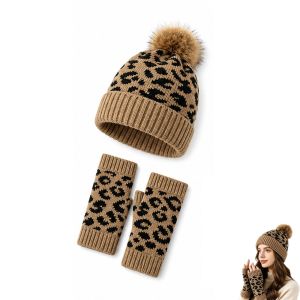 DORADO 2Pcs/Set Soft Knit Beanie Leopard Warm Pom Pom Beanie  Hat and Glove Set Women and Men