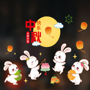 Decal trang trí tết Trung Thu- Hít tĩnh điện - 4 Bạn Thỏ Ngọc Trắng cầm lồng đèn đón lễ