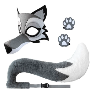 Children Adult Wolf Costume with Wolf Tail Wolf Face Mask and Gloves for Kid Adult Halloween Christmas Birthday Cosplay