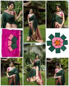 [PRE ORDER : 10 DAYS] Traditional Bottle Green Lichi Silk Saree – Exclusive Jacquard Border Blouse_ 6047 ( Normal or Ready to Wear Saree)