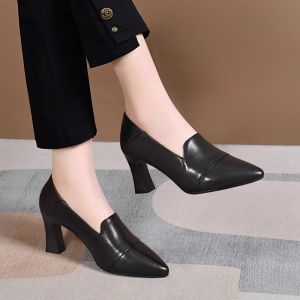 Free Shipping Genuine Leather High-Heeled Shoes For Women New Style Pointed Toe Chunky Heel Versatile Shallow-Mouth Leather Shoes