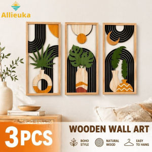 Allieuka Wooden Boho Rustic Retro Hollow Leaf Pattern Hanging Wall Art Decor Set For Bedroom