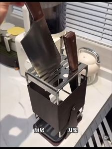 Keranixy Kitchen Rotating Knife Rack Stainless Steel Drain Tray Countertop Organizer Shelf Rak Pisau