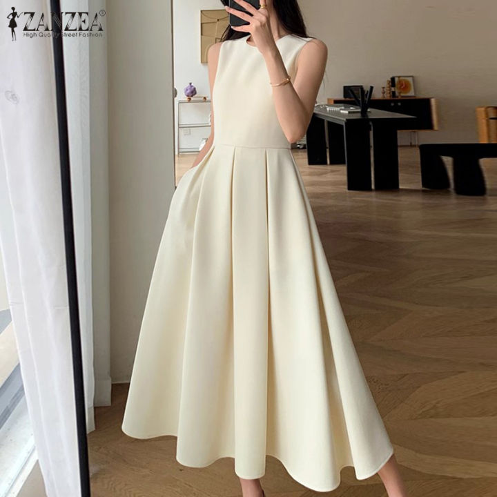ZANZEA Korean Style Women's Dresses Fashion Round-Neck Sleeveless Summer  Long Casual Dress