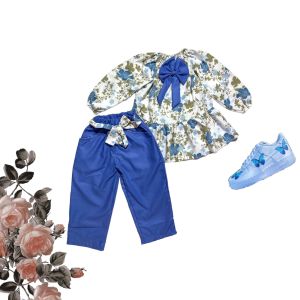 one set anak perempuan bahan cringkle motif bunga dengan pita usia 1 tahun sampai 10 tahun