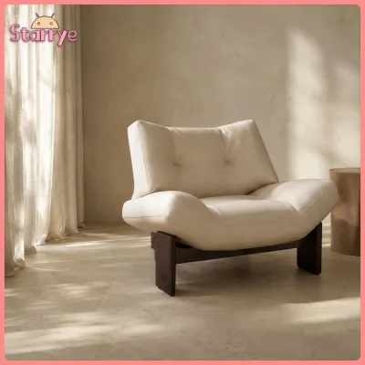 Sunnimix Solid Wood Retro Single Sofa Hotel Design Wabi Sabi Armchair Upholstered Single Sofa Chair Soft Cushion for Living Room