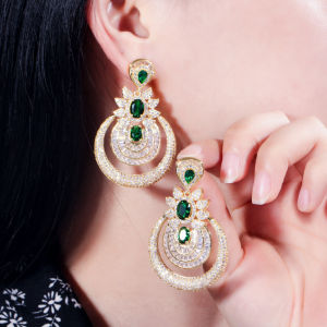 SEQUITO Gold Color Indian Wedding Jewelry Micro Pave Tiny CZ Hollow Large Circle Round Drop Dangle Earrings with Emerald Green Stones for Banquet Accessories SE181