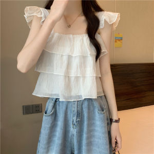 ZZOE สายเดี่ยวของผู้หญิงผ้าระบายขอบเสื้อกล้ามเข้ารูปพอดีเสื้อเอวลอยแขนบินสไตล์เกาหลีฤดูร้อน