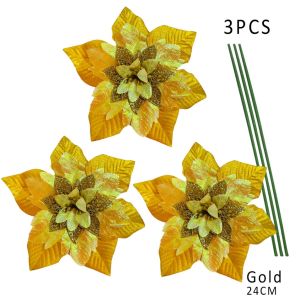 12PCS Christmas flowers Poinsettia Christmas tree decor Artificial Flower With Flower stem KERMODE