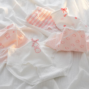1 Pack Kawaii Rabbit Heart Print Briefs with Ruffles Trim Womens Mid-Rise Cotton Panties Soft Ribbed Underwear Lingerie M-XL