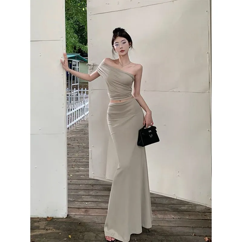 Nude Color Hot Girl Outfit for Women Summer Off-Shoulder Ruched
