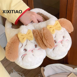 Xixitiao Giày giam bằng vải nhung lông ấm áp có nơ cho nữ dép cotton Tên chung hoạt hình Mikko dễ thương phong cách mùa thu và mùa đông