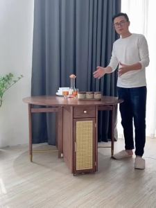 Small Solid Wood Dining Table Circular Foldable Table Nordic Extendable Dining Table Light Luxury Mobile Table