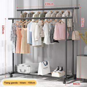 Stand Hanger 2 Susun Rak Gantungan Baju Serbaguna Rak Baju Besi Gawang Portable Dengan Roda