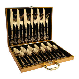 24 piece set of retro relief imperial family knife fork spoon gift boxStainless steel cutlery set tableware knife fork spoon 4-piece set of retro relief imperial family knife fork spoon gift box household tableware restaurant tableware