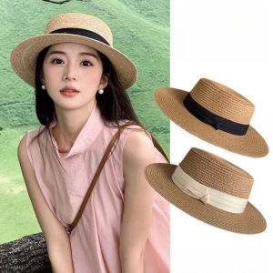 Summer Wide Brim Woven Straw Hat Bowler Hat Flat-top Hat Sun Protection for Seaside Beach Vacation