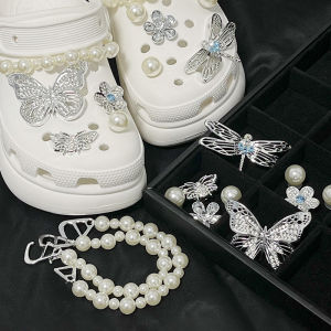 11Pcs Crocs Jibbitz Charms Silver Diamond-encrusted Butterfly and Dragonfly Shoe Buckle Detachable Pearl Shoe Chain for Crocs