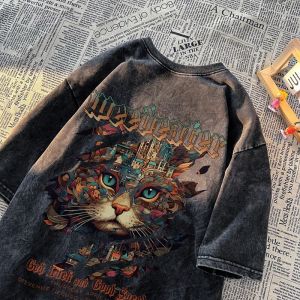 Áo thun ngắn tay kiểu retro Mỹ hằn hoa mèo rộng rãi size lớn dáng áo half sleeve phong cách hip-hop mùa hè chất liệu vải xơ được làm mới và giặt nhẹ