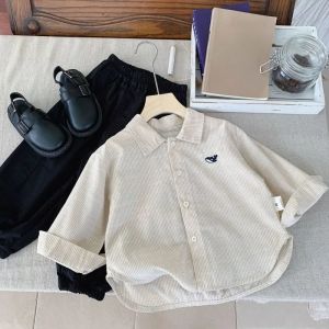 2-7Y Kids Shirts Small Fish Embroidery Stripe Boy Cardigan Cotton Turn-down Collar Childrens Clothing Long Sleeve Shirt Blouses2026