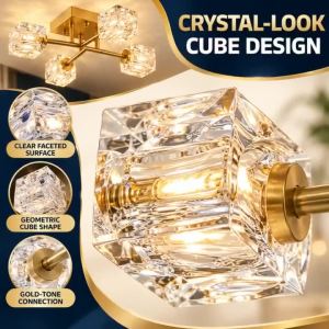 Crystal Cube Ceiling Light 4 6 8 10 Heads Gold Tone Modern Geometric Fixture for Dining Living Room