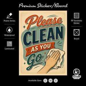 Please Clean as You Go. Sticker Sign Signboard Board Signage Notice. Take Care Hygiene Cleanliness Wipe Tidy Up Bersih