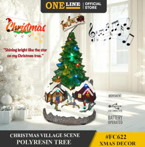 ONELINE #FC622 polyresin animated Christmas village scene features a tree at the base and a flying Santa sleigh on top