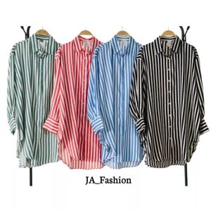 Kemeja Wanita Oversize Panjang Motif Salur Stripe Shirt Katun Rayon By Ja Fashion