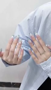 【HANDMADE】Artificial Nail French Cats Eye Butterfly with Diamonds Fake Nail Set With Glue Reusable and Removable Press on nails