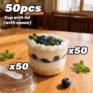 MIRELINA 50Pcs Disposable Pudding Cups with Lids Spoons Round Party Cups Transparent Yogurt Cups for Holding Ice Cream Jelly Yogurt and Mousse