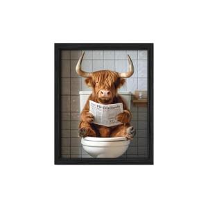 Fun Cattle Bathroom Wall Art Funny Animal Humor Picture with Frame for Bathroom Fade resistant