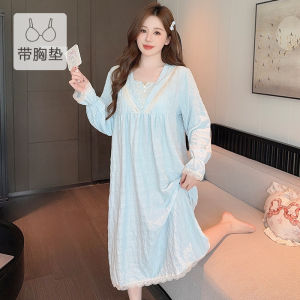 Oversized Woman Sleepwear Spring Summer New Style with Breast Padded Cloud Cotton Long Sleeved Nightdress Sweet Princess Style Plus Size Home Clothing