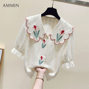 AMMIN สไตล์เกาหลีแขนสั้นดอกทิวลิปปักลูกไม้เสื้อชีฟองใหม่ฤดูร้อนตุ๊กตาคอปกแขนโคมไฟลูกไม้เสื้อชีฟอง