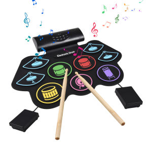 Electronic Drum Set Hand Roll Drum Set Percussion Instrument 9 Pads BT External Sound with Drumsticks Foot Pedal MIDI Interface Speaker Holiday Birthday Gift Colorful Practice Pad Drum Kit