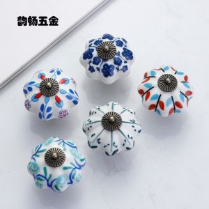 OKDEALS Gốm sứ Tay nắm ngăn Hình Dáng Bí Ngô Phong cách cổ điển Nút cửa tủ Quà tặng Họa tiết hoa Nút tủ bằng gốm sứ Phụ kiện tủ