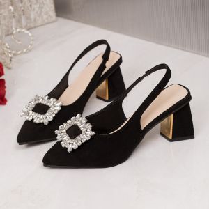 Free Shipping 43 Pointed-Toe Square Buckle Rhinestone High-Heeled Sandals For Women 2026 Summer New Style Suede Thick-Heeled Closed-Toe Sandals