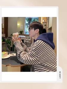 Winter Striped Hooded Knitted Sweater For Men Y2K Vintage Knitwear Pull Homme Korean Fashion Streetwear Pullovers sweaters man