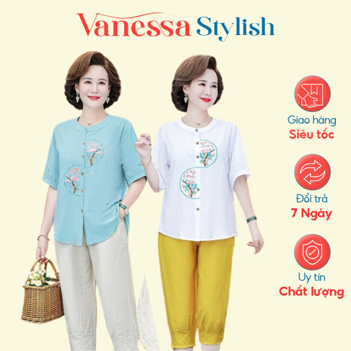 Áo sơ mi nữ trung niên cổ tròn tay lỡ tặng mẹ chất liệu cao cấp form ...