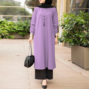 Women Long Shirt Blouse Solid Color Baju Perempuan Style Round Neck Fashion Party Untuk Wanita Tunic Fabric Long Sleeve -IKA