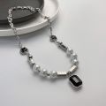 huiheyu necklace for men aesthetic stainless steel necklace kwintas pang lalaki Geometric Hip Hop Cold Wind Style Party Black Gem Pendant Gift Female Choker Korean Style Necklace Pearl Necklace Clavicle Chain. 