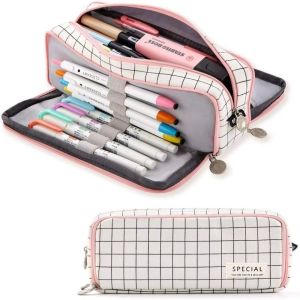 DIVATEN Canvas Material Pencil Pouch Zipper Closure 4 Compartments Pen Case Cute Multi-Function Storage Organizer For School