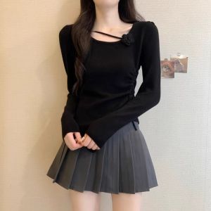 ST182 Free Size Women Flower Tops Solid Flower Knitted Shirts Long Sleeve Round Neck Slimmer Tops