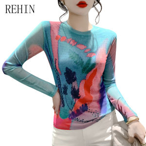 REHIN เสื้อยืดแขนยาวพิมพ์ลายตาข่ายสไตล์ยุโรปสำหรับผู้หญิงพอดีตัวเสื้อแฟชั่นฤดูใบไม้ร่วงฤดูหนาวคอกลมเข้ารูป