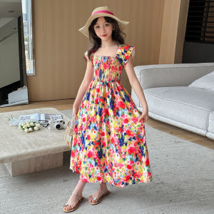 [PRINCESS KESLI] 2-11 Tahun Gaun anak perempuan musim panas anak-anak rok bunga tipis 2025 baru kerah persegi rok putri ukuran sedang dan besar rok panjang anak-anak yang bergaya rok putri manis dan imut