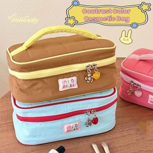 FEELING WELL ผ้าสีพื้น กระเป๋าเครื่องสำอางสีตัดกัน แมคคารอนสี กระเป๋าถือ กระเป๋าเครื่องใช้ในห้องน้ำ แฟชั่น แบบเกาหลี กระเป๋าเครื่องสำอางสดใหม่ สาวๆ