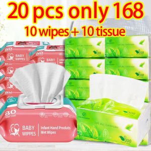 20PCS baby wipes and tissue Combo Unscented baby wipes 10 packs 80 sheets tissue wipes for baby